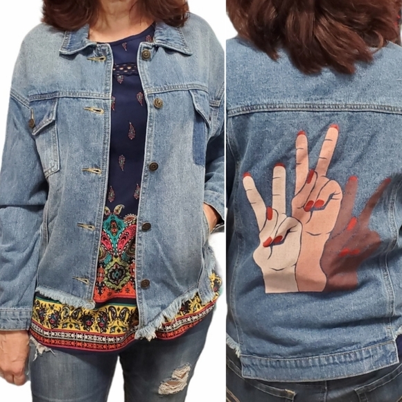 Sadie and sage denim peace sign trucker jacket - Picture 1 of 14